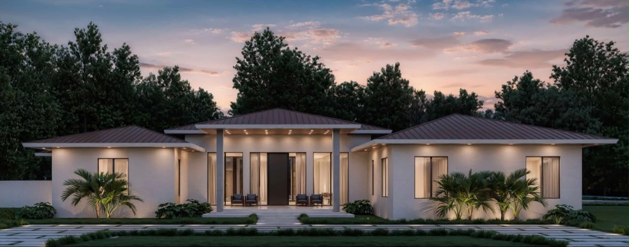 Modern single-story luxury residence in Miami at dusk