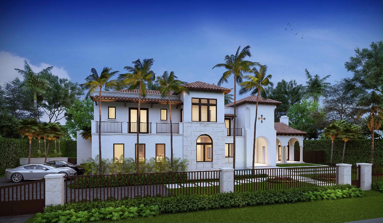 Mediterranean-style white luxury residence with terracotta roofs and tropical landscaping