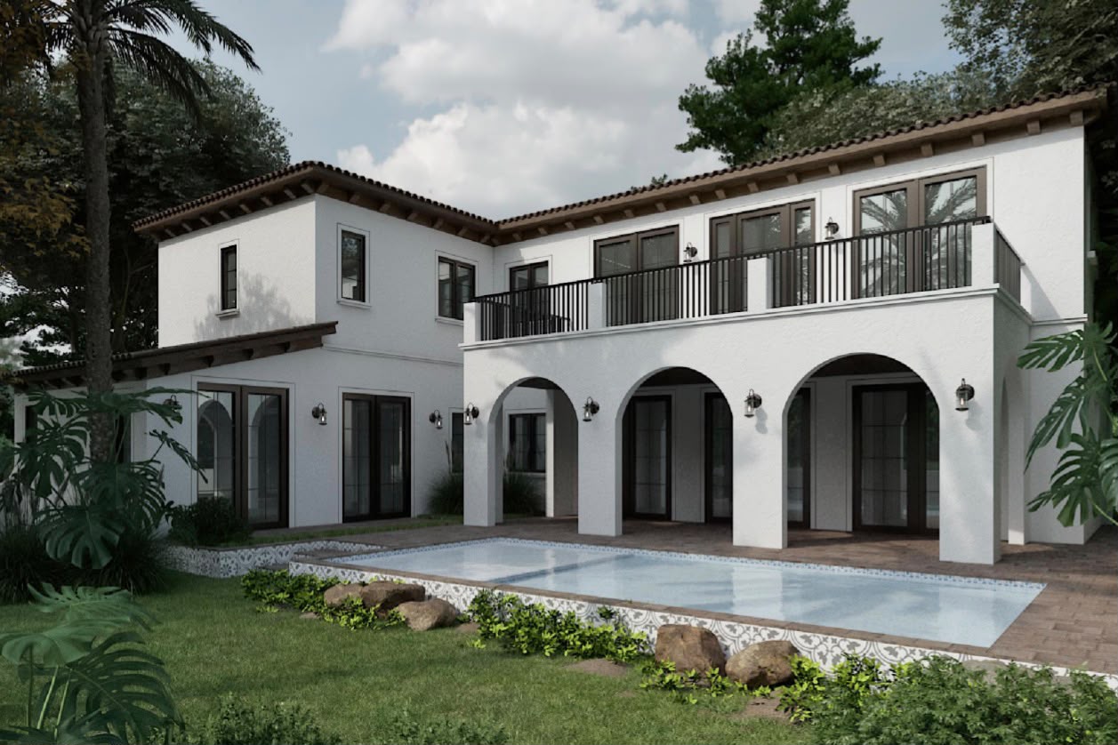 Pool and arcade of a Mediterranean-style residence in Miami