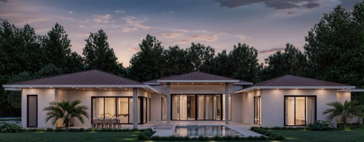 Rear elevation and pool of a modern luxury residence in Miami