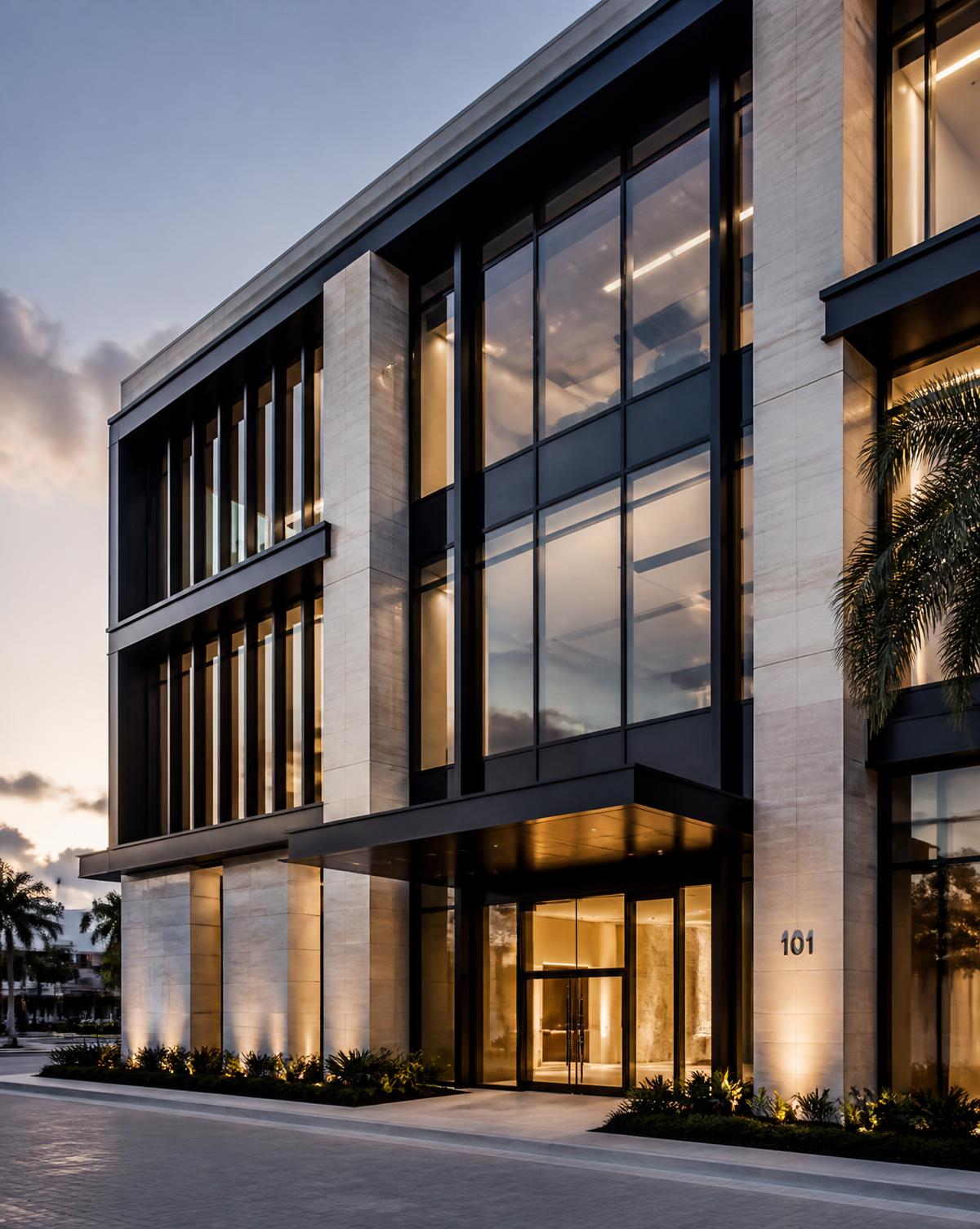 Sophisticated commercial building facade constructed by ARKITEKTUX