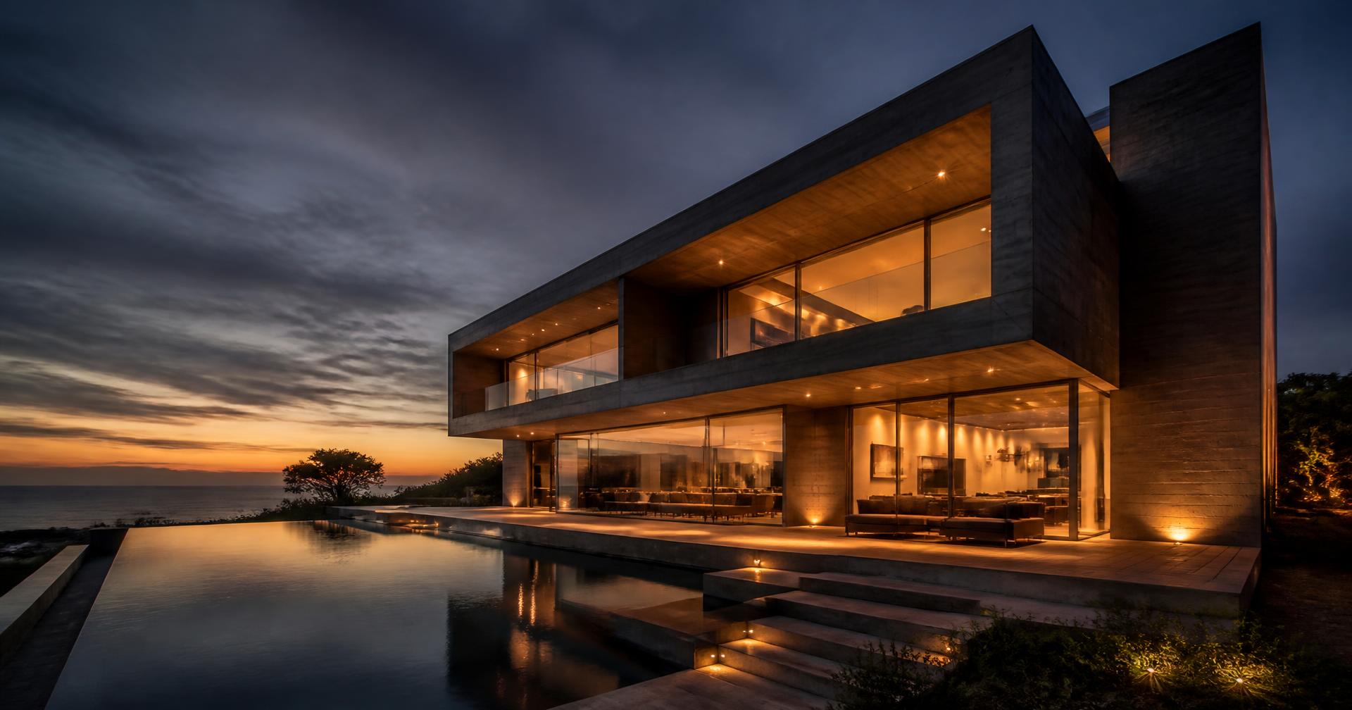 Luxury concrete and glass residence under evening light, built by ARKITEKTUX
